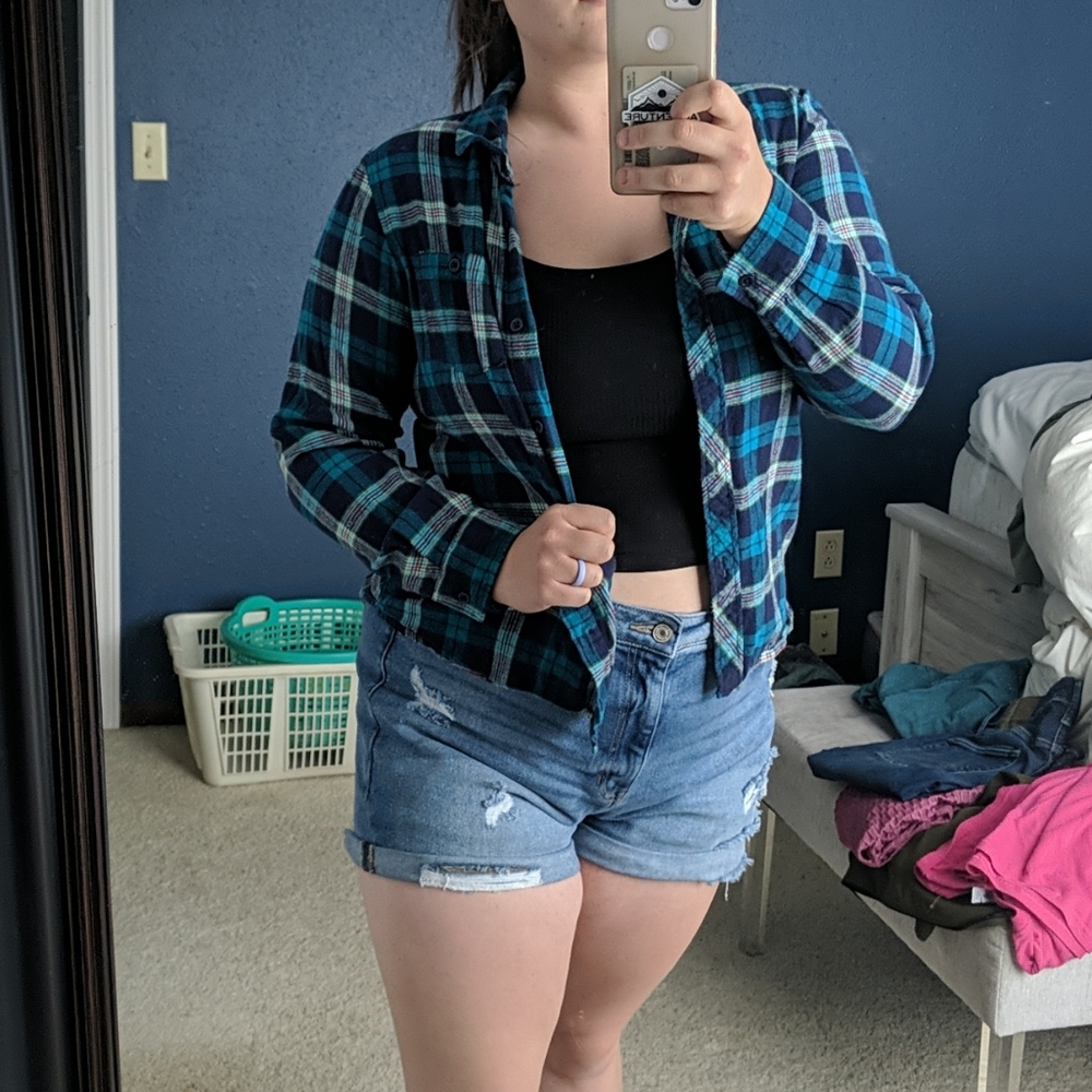 Blue checkered flannel.